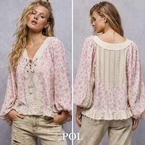 🆕POL Pink Floral Balloon Sleeve Lace Up Boho Blouse Ruffle Hem Top Size L